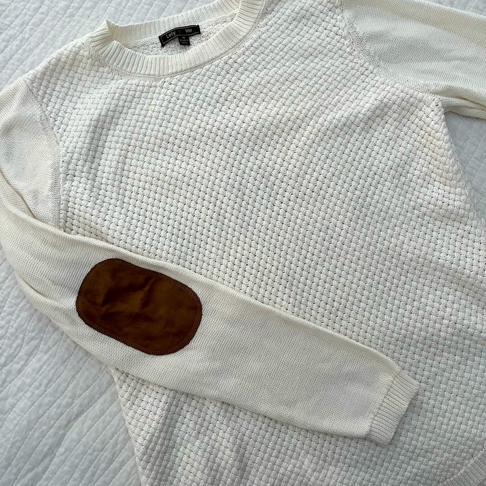 NWOT Cream Cable Sweater with Elbow Patch Accent | S. M